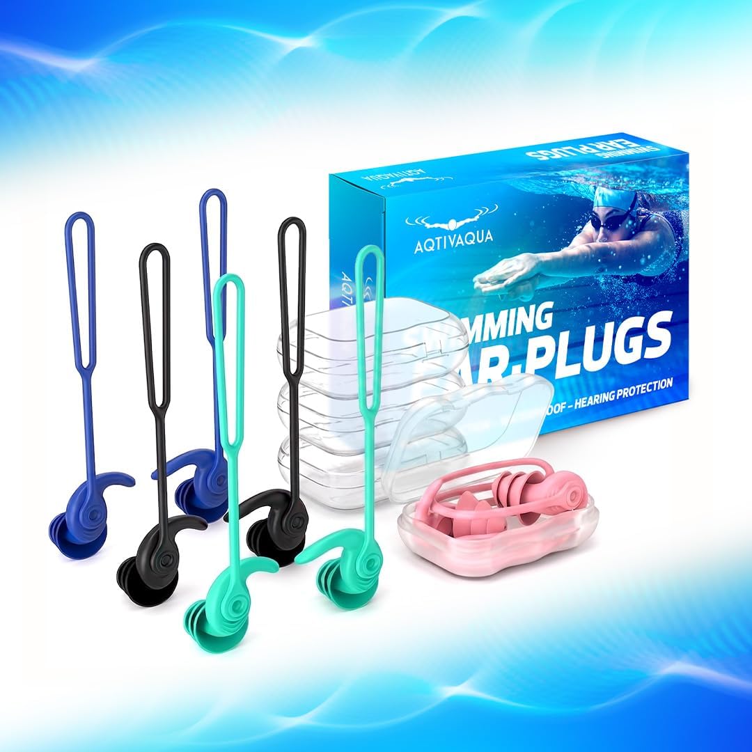 AqtivAqua Ear Plugs for Swimming – 4x Pairs (4 Colors) Soft Silicone Swimming Ear Plugs, Waterproof &amp; Comfortable Secure Fit Swim Ear Plugs for Surfing, Snorkeling, all Water Sports, for Adults &amp; Teens